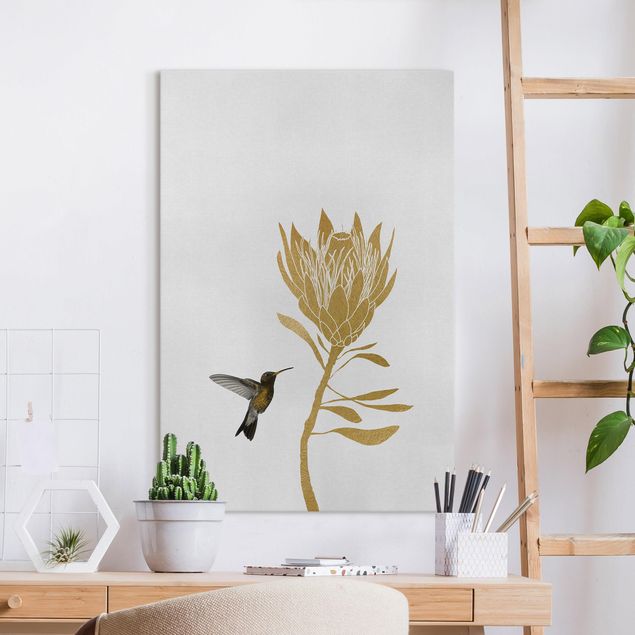 Wandbilder XXL Kolibri und tropische goldene Blüte
