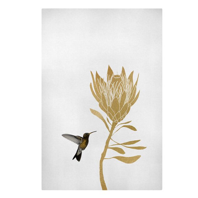 Kunstdrucke auf Leinwand Kolibri und tropische goldene Blüte