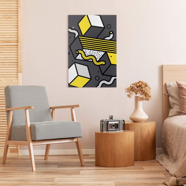 Moderne Leinwandbilder Wohnzimmer Komposition Neo Memphis Gelb und Grau