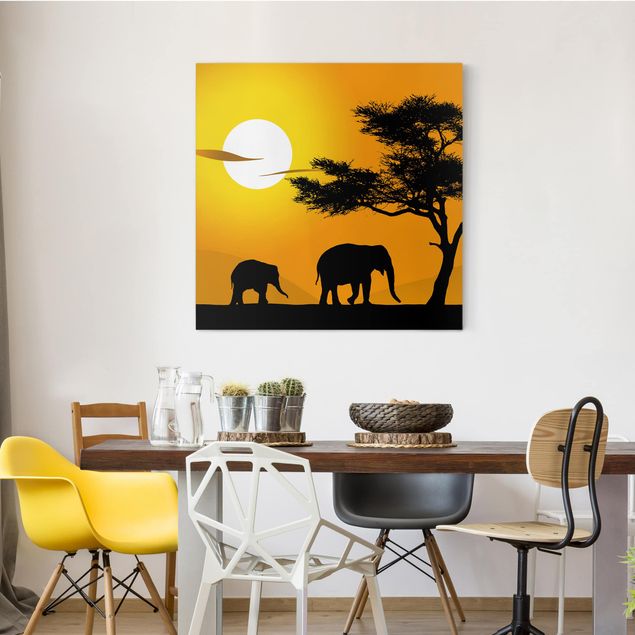 Leinwand Sonnenuntergang African Elefant Walk