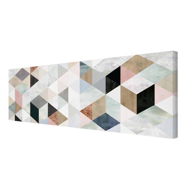 Leinwandbild - Aquarell-Mosaik mit Dreiecken I - Panorama 1:3