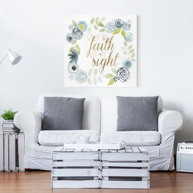 Moderne Leinwandbilder Wohnzimmer Blumenkranz mit Spruch - Faith