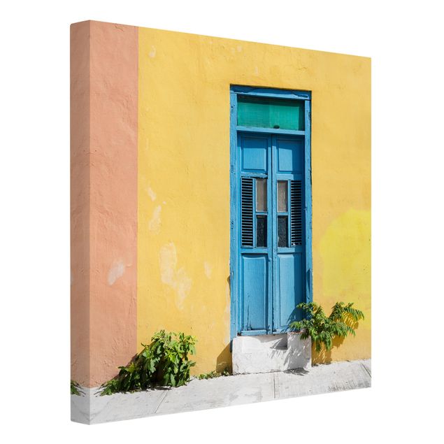Moderne Leinwandbilder Wohnzimmer Bunte Wand blaue Tür