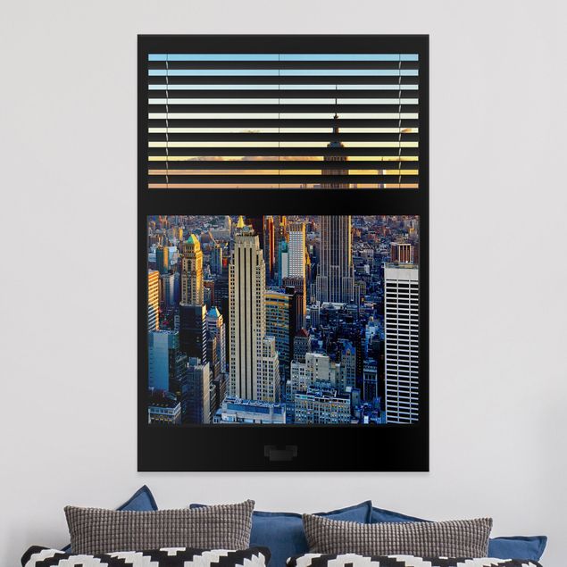 Leinwandbild Kunstdruck Fensterausblick Jalousie - Sonnenaufgang New York