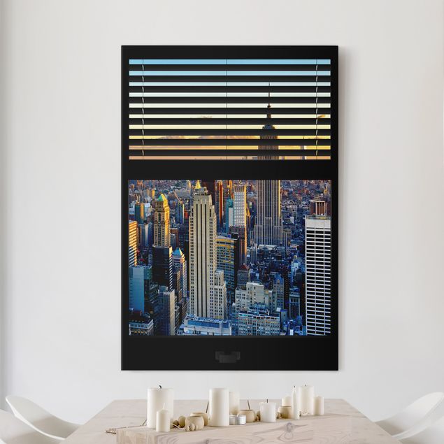 Leinwand Bilder XXL Fensterausblick Jalousie - Sonnenaufgang New York