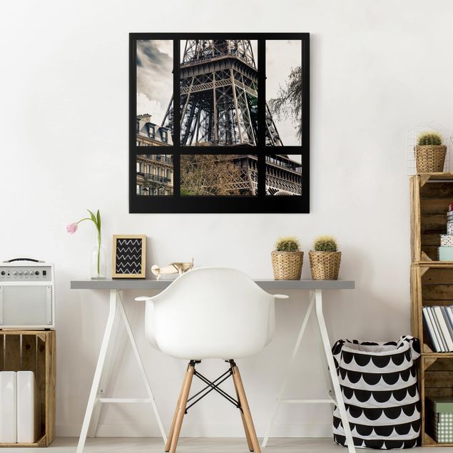Paris Leinwand Fensterausblick Paris - Nahe am Eiffelturm schwarz weiß