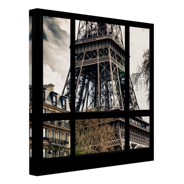 Leinwandbild Kunstdruck Fensterausblick Paris - Nahe am Eiffelturm schwarz weiß