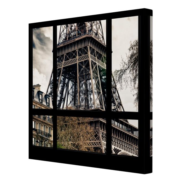 Wandbilder Wohnzimmer modern Fensterausblick Paris - Nahe am Eiffelturm schwarz weiss