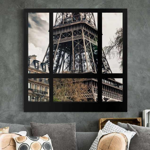 Leinwand Bilder XXL Fensterausblick Paris - Nahe am Eiffelturm schwarz weiß