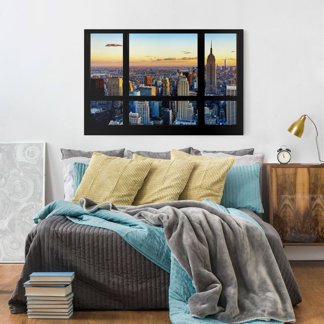 Leinwand Kunstdruck Fensterausblick - Sonnenaufgang New York