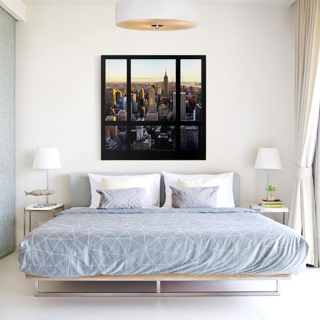 Leinwandbild Kunstdruck Fensterblick am Abend über New York
