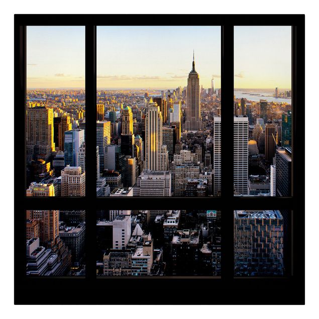 Moderne Leinwandbilder Wohnzimmer Fensterblick am Abend über New York