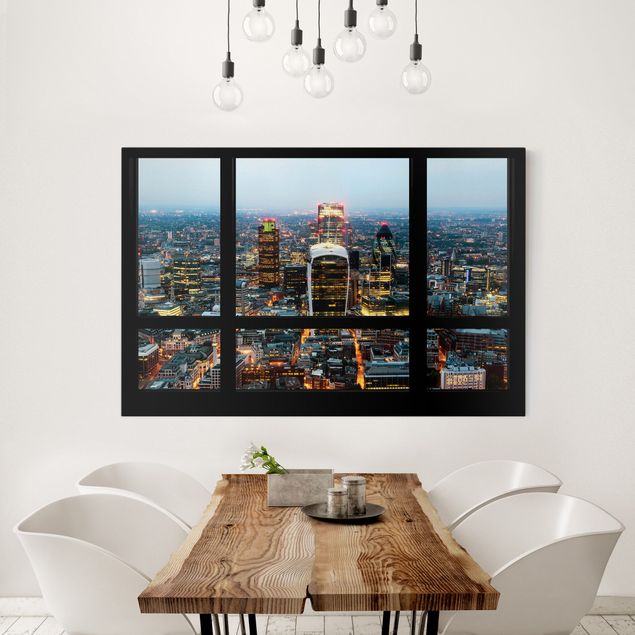 Leinwand Kunstdruck Fensterblick auf beleuchtete Skyline von London