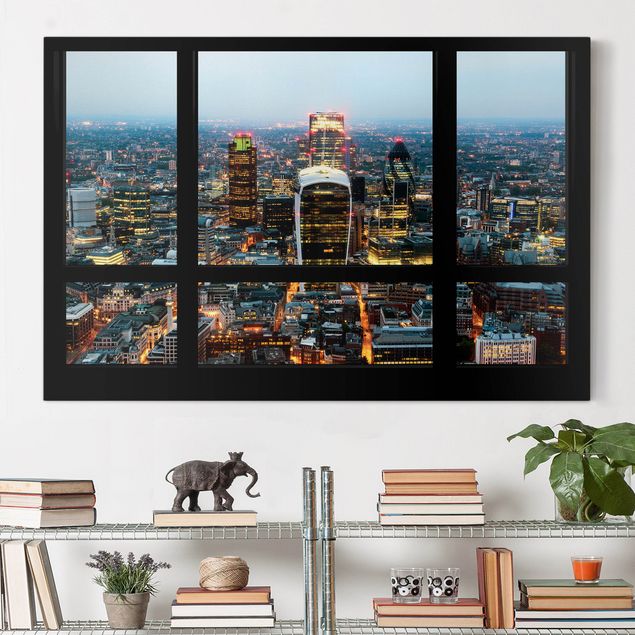 Leinwandbilder XXL Fensterblick auf beleuchtete Skyline von London