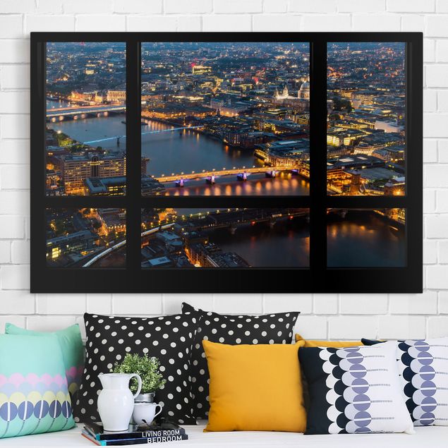 Wandbilder XXL Fensterblick auf Londons Skyline mit Brücken