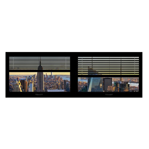 Moderne Leinwandbilder Wohnzimmer Fensterblick Jalousie - Manhattan Abendstimmung