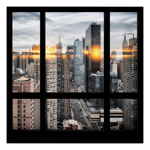 Wandbilder Wohnzimmer modern Fensterblick New York mit Sonnen-Reflexion