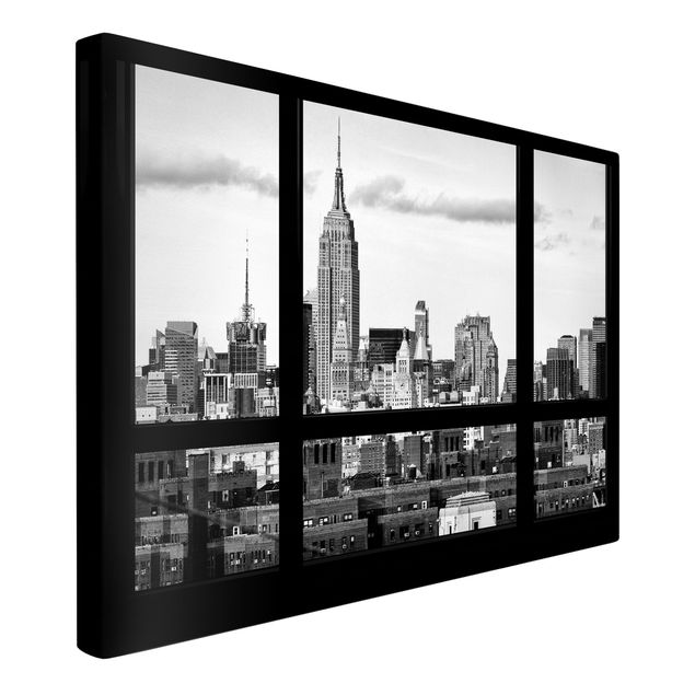 Wandbilder Wohnzimmer modern Fensterblick New York Skyline schwarz weiss