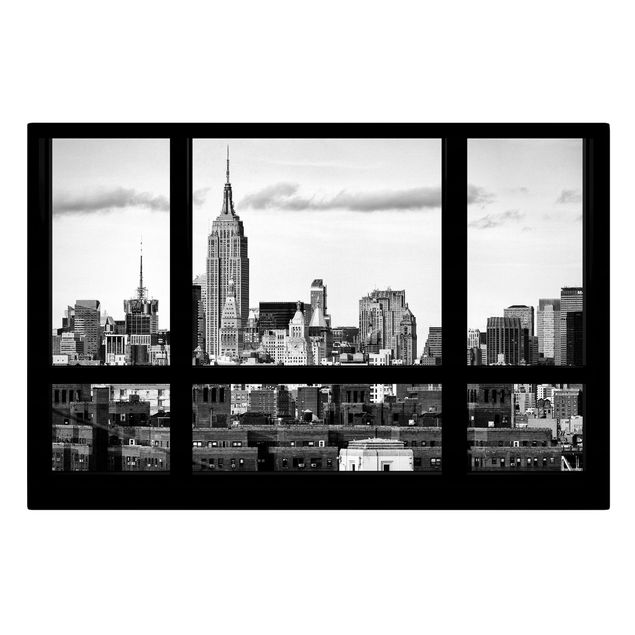 Wandbilder Wohnzimmer modern Fensterblick New York Skyline schwarz weiss