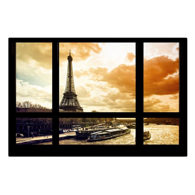 Leinwandbilder Wohnzimmer modern Fensterblick - Paris Eiffelturm Sonnenuntergang