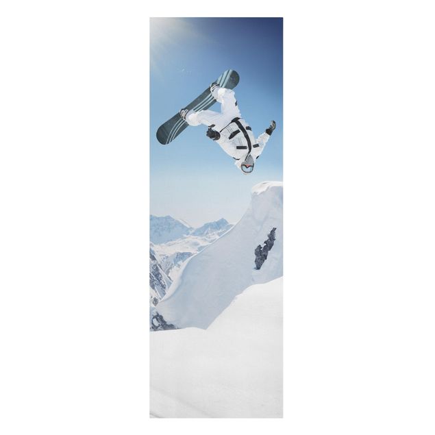 Leinwandbild - Fliegender Snowboarder - Panorama Hoch