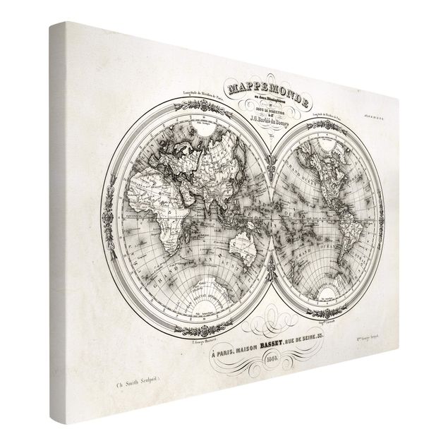 Leinwand Weltkarte Französische Karte der Hemissphären von 1848