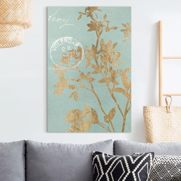 Wandbilder Blumen Goldene Blätter auf Turquoise II
