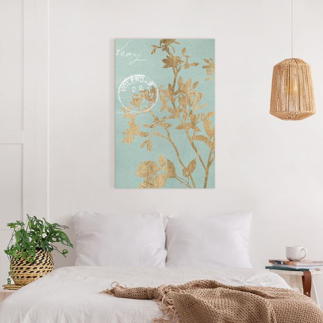 Retro Wandbilder Goldene Blätter auf Turquoise II