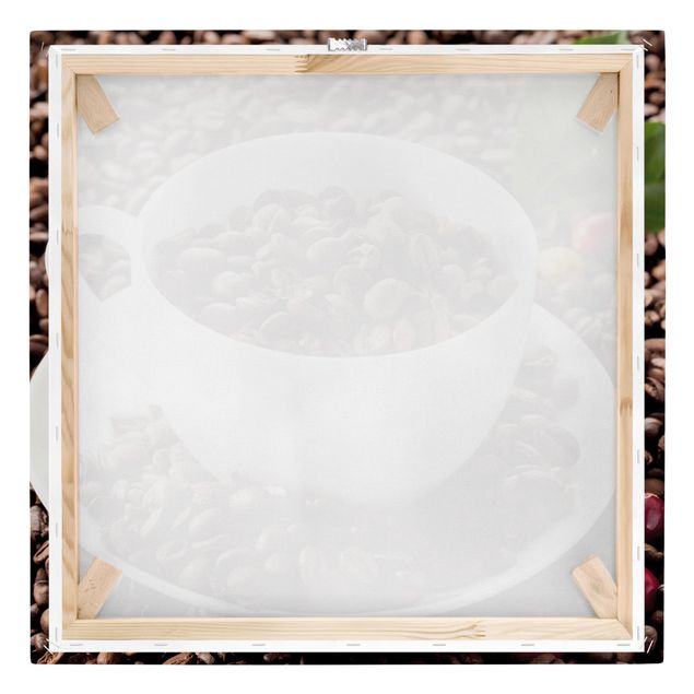 Leinwandbild - Kaffeetasse mit gerösteten Kaffeebohnen - Querformat 3:2