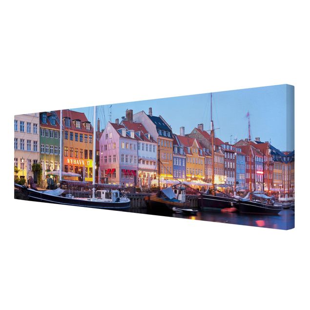 Leinwandbild - Kopenhagener Hafen am Abend - Panorama Quer