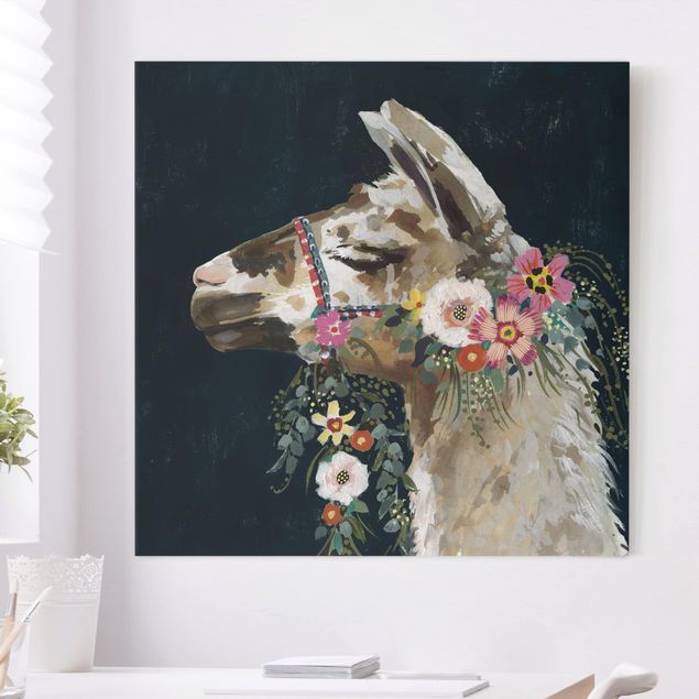 Wandbilder Tiere Lama mit Blumenschmuck II