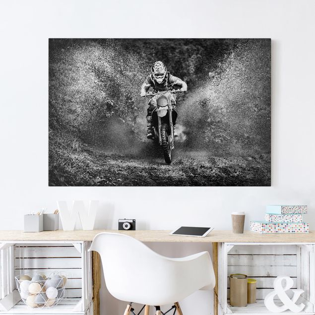 Leinwandbilder Schwarz-Weiß Motocross im Schlamm