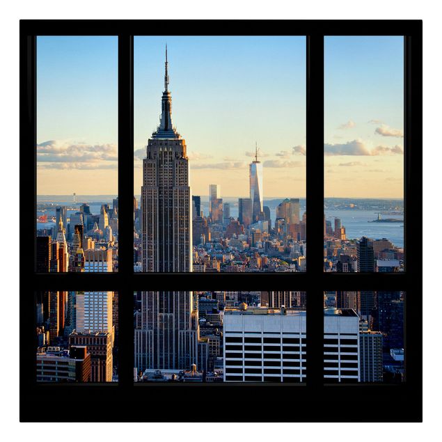 Wandbilder Wohnzimmer modern New York Fensterblick auf Empire State Building