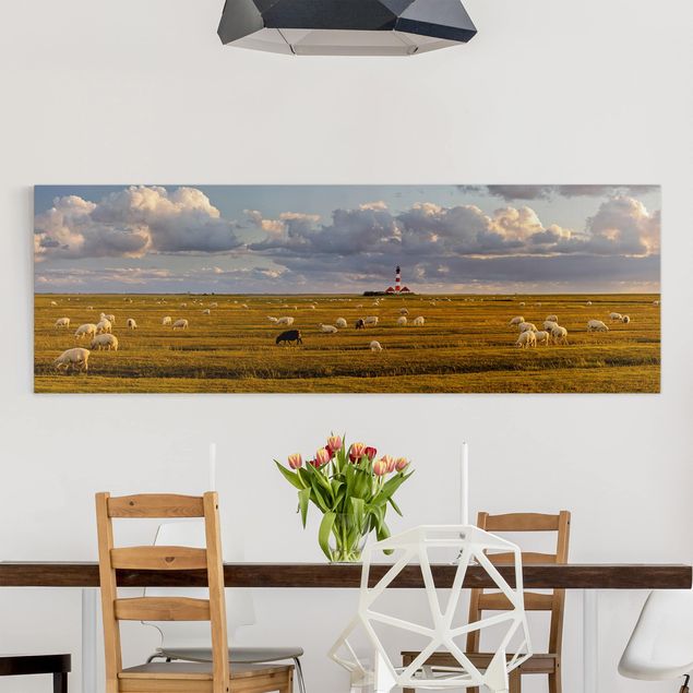 Wandbilder XXL Nordsee Leuchtturm mit Schafsherde