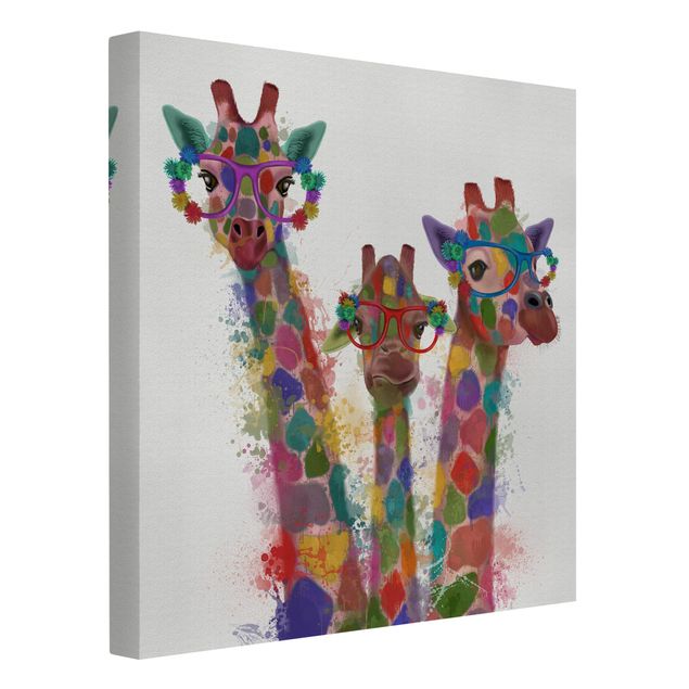 Leinwand Kunstdruck Regenbogen Splash Giraffen-Trio