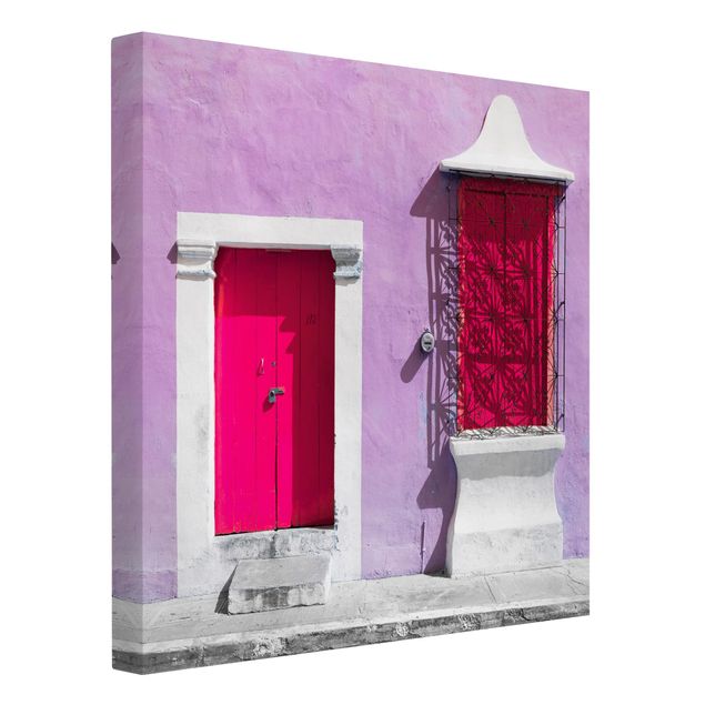 Moderne Leinwandbilder Wohnzimmer Rosa Fassade Pinke Tür