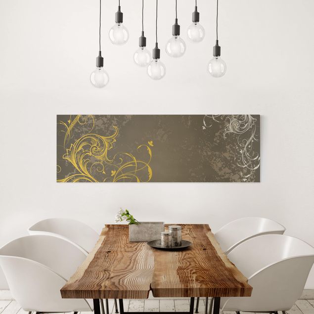 Leinwandbilder Wohnzimmer modern Schnörkel in Gold und Silber