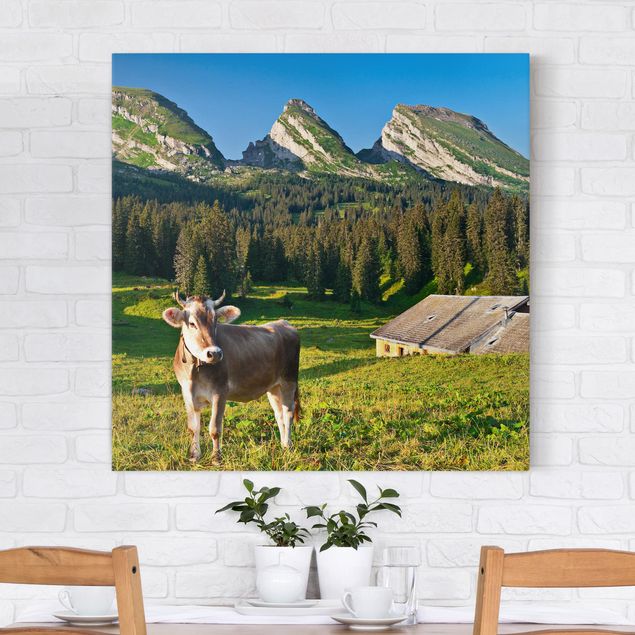 Wandbild Berge Schweizer Almwiese mit Kuh