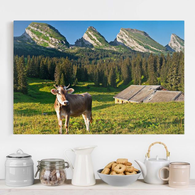 Leinwandbilder XXL Schweizer Almwiese mit Kuh