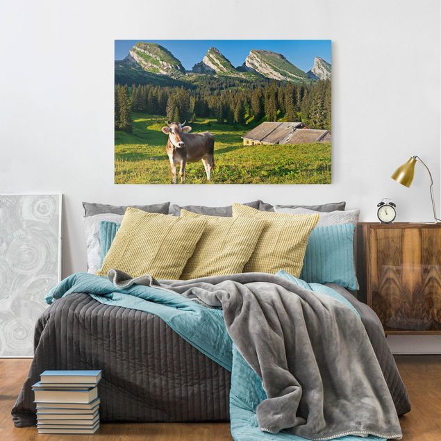 Wandbilder Tiere Schweizer Almwiese mit Kuh