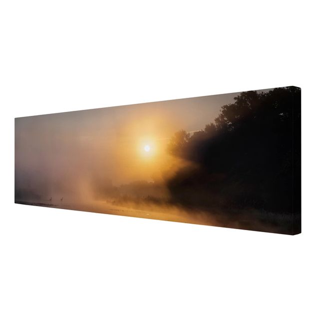 Wandbilder Sonnenaufgang am See mit Rehen im Nebel