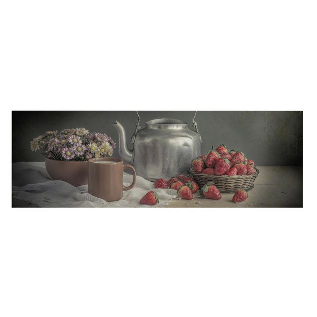Leinwandbild - Stillleben mit Erdbeeren - Panorama Quer