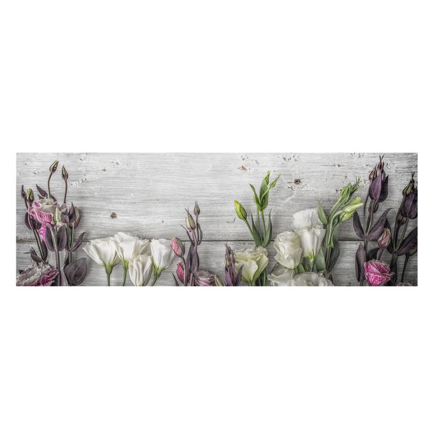 Bilder auf Leinwand Tulpen-Rose Shabby Holzoptik