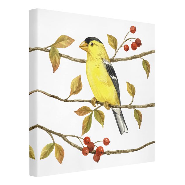 Leinwandbild Kunstdruck Vögel und Beeren - Goldzeisig