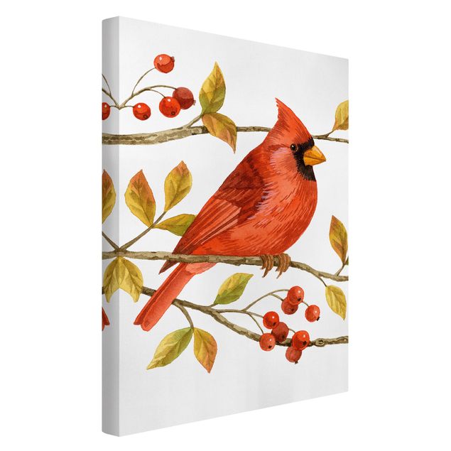 Leinwand Kunstdruck Vögel und Beeren - Rotkardinal
