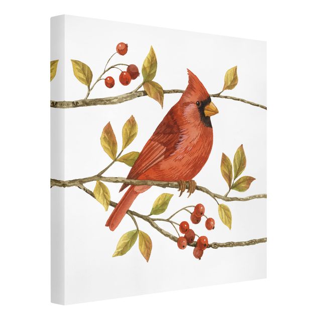 Leinwandbild Kunstdruck Vögel und Beeren - Rotkardinal