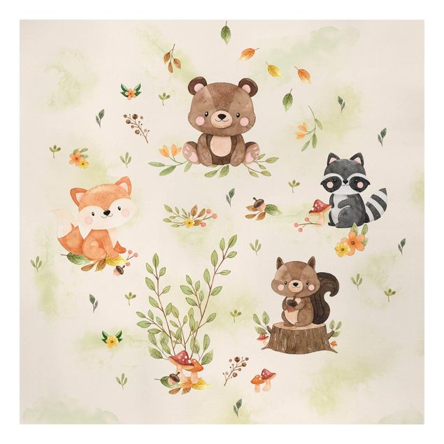 Wandbilder Tiere Waldtiere Herbst Fuchs Bär Eichhörnchen Waschbär