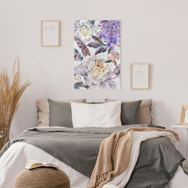 Wandbilder Rosen Zartes Aquarell Boho Blüten und Federn Muster