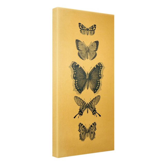 Leinwandbild Gold - Tusche Schmetterlinge auf Beige - Hochformat 1:2