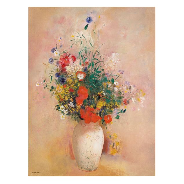 Moderne Leinwandbilder Wohnzimmer Odilon Redon - Vase mit Blumen (rosenfarbener Hintergrund)